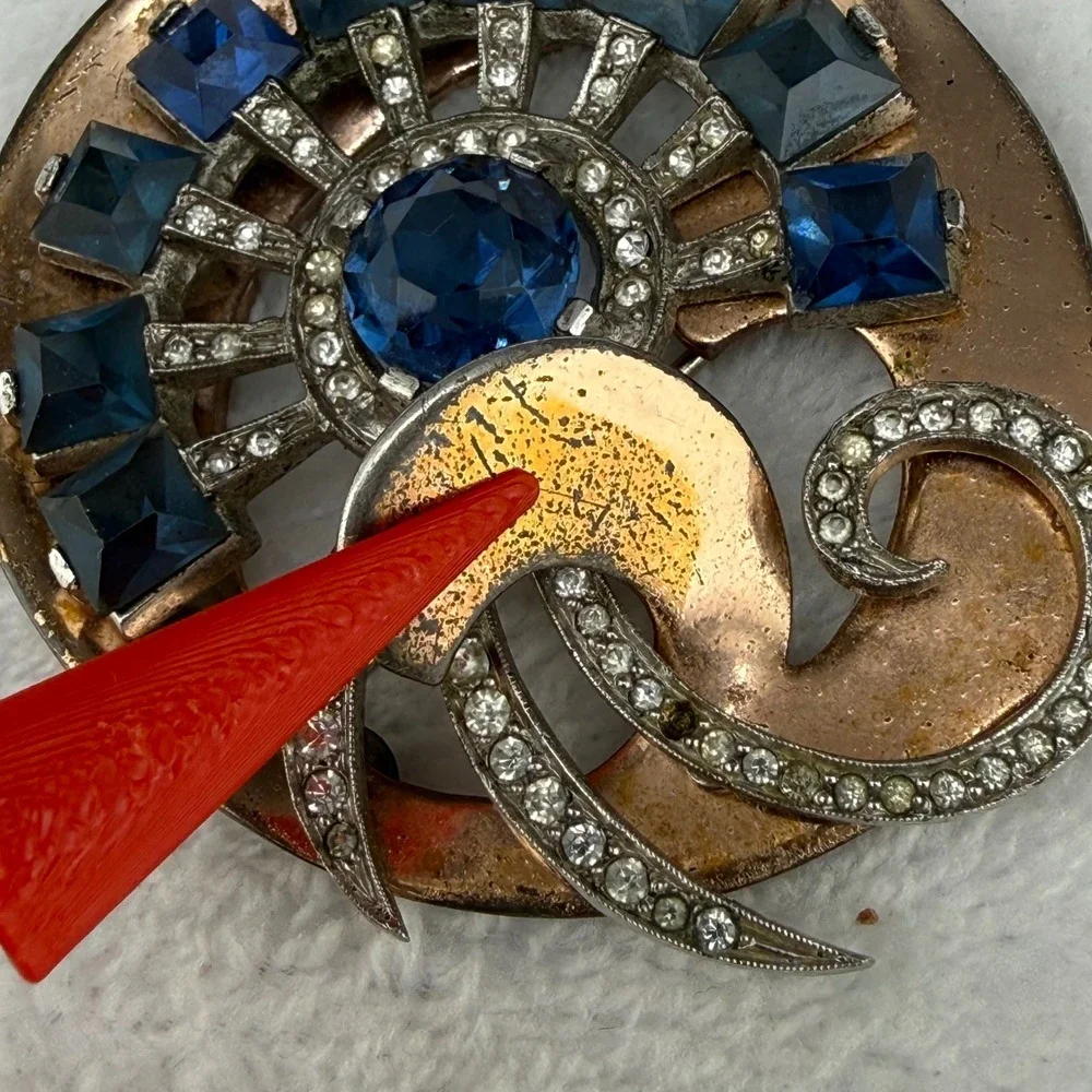 Vintage Brooch Blue Rose Gold Tone Rhinestone Sunburst Copper Tone